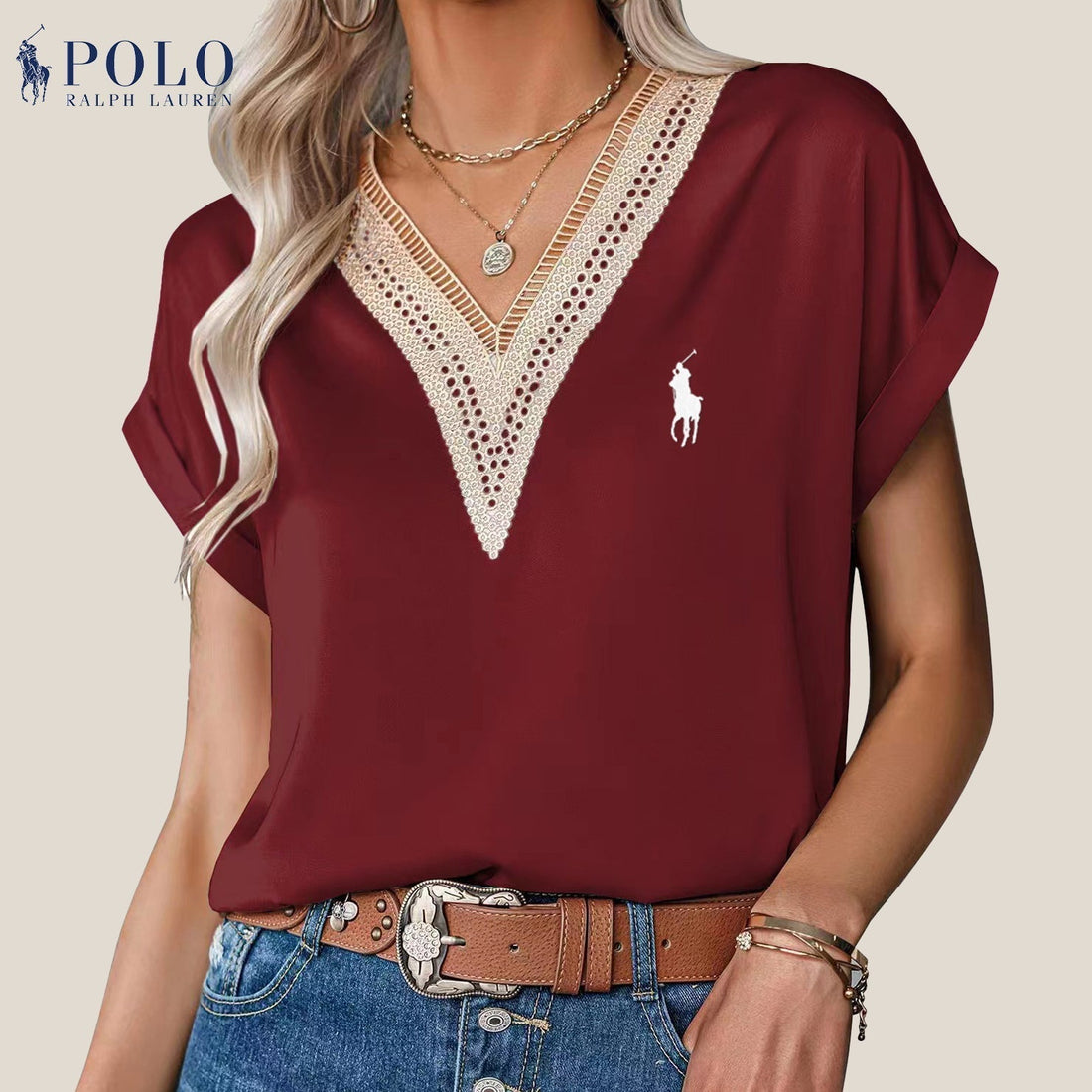 Blouse en satin avec dentelle et décolleté en V de Ralph Lauren - Formavella