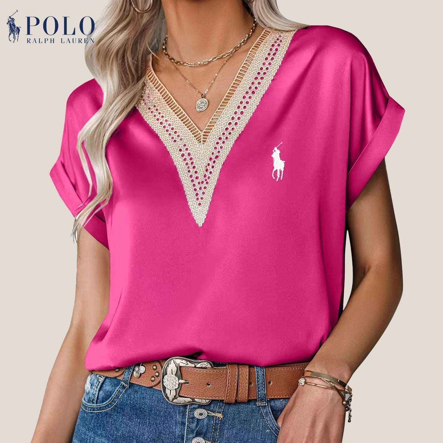 Blouse en satin avec dentelle et décolleté en V de Ralph Lauren - Formavella