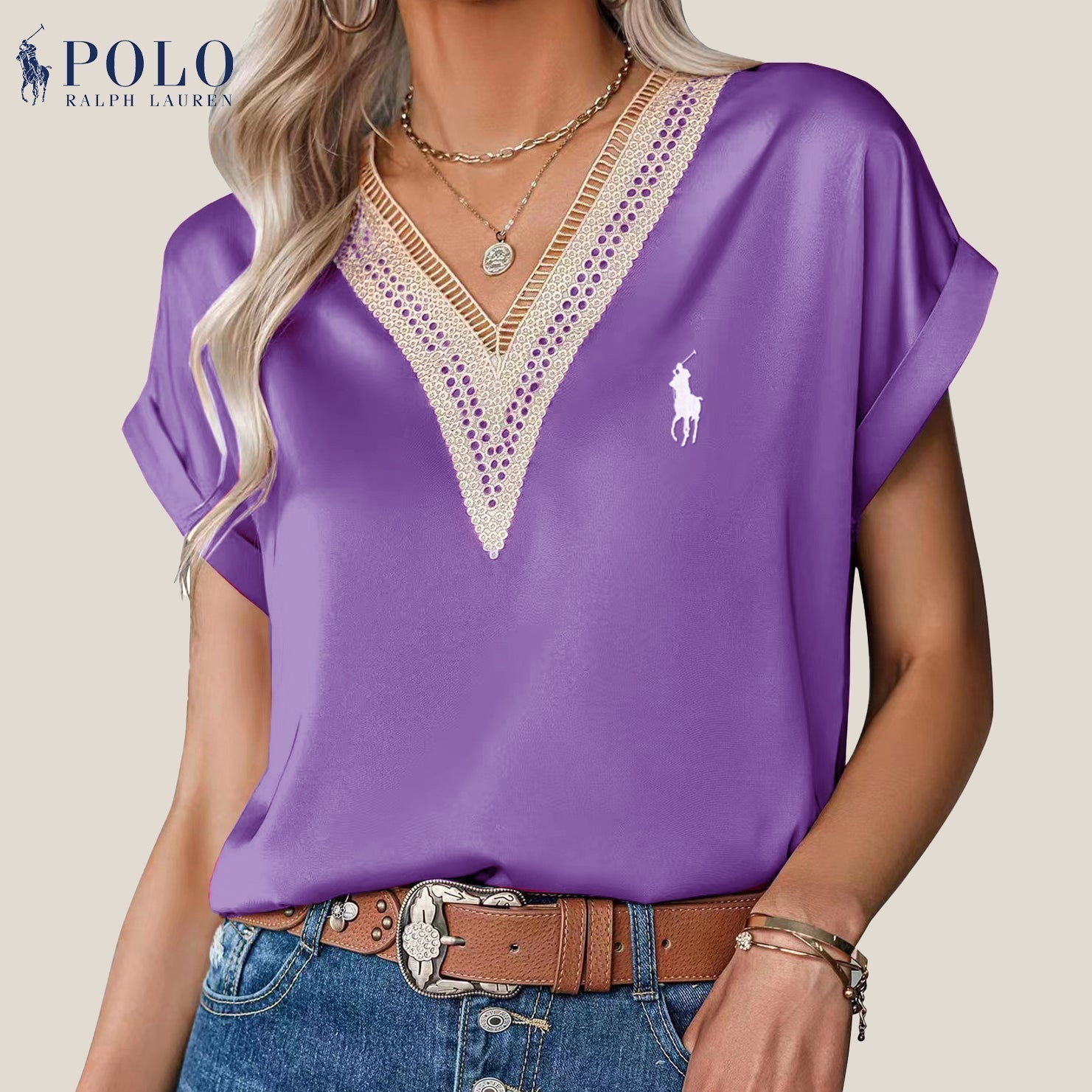 Blouse en satin avec dentelle et décolleté en V de Ralph Lauren - Formavella