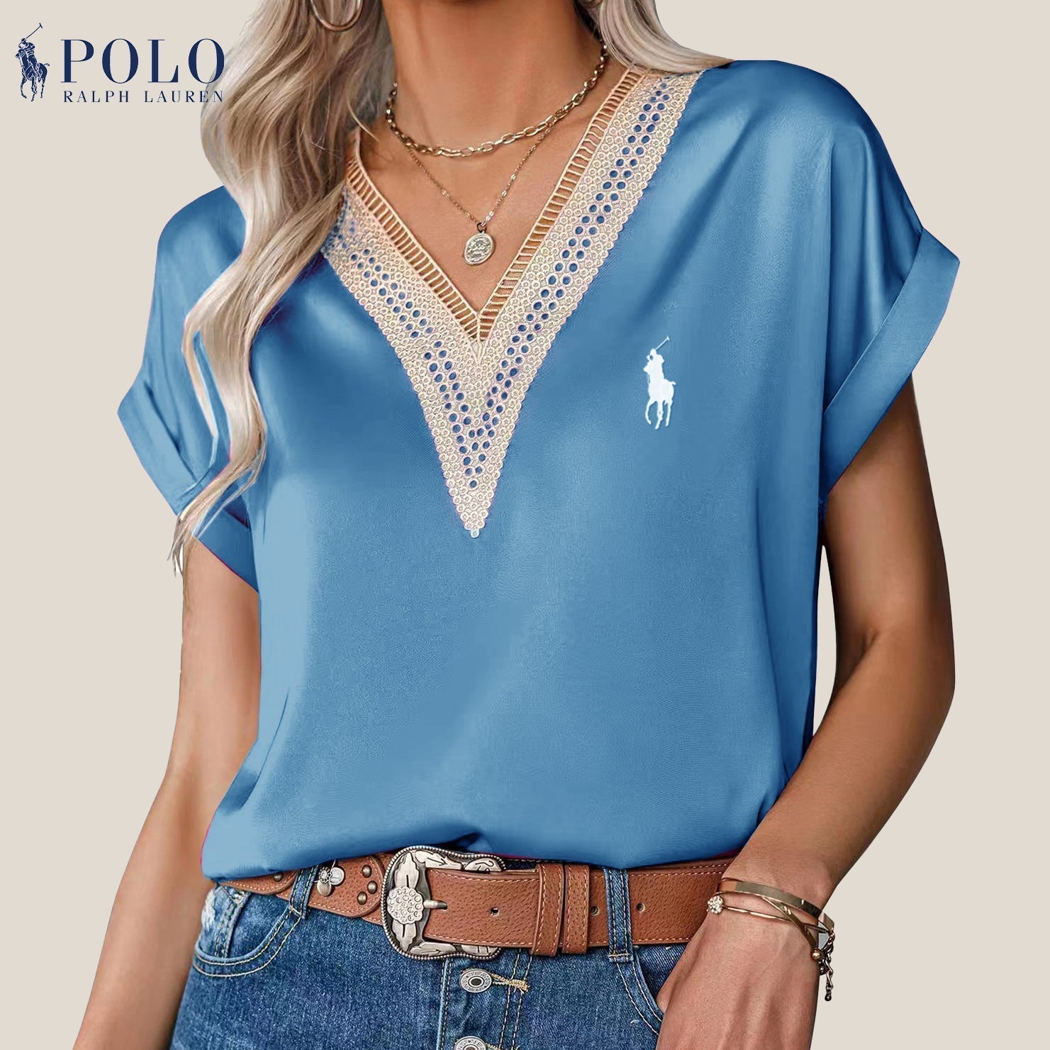 Blouse en satin avec dentelle et décolleté en V de Ralph Lauren - Formavella