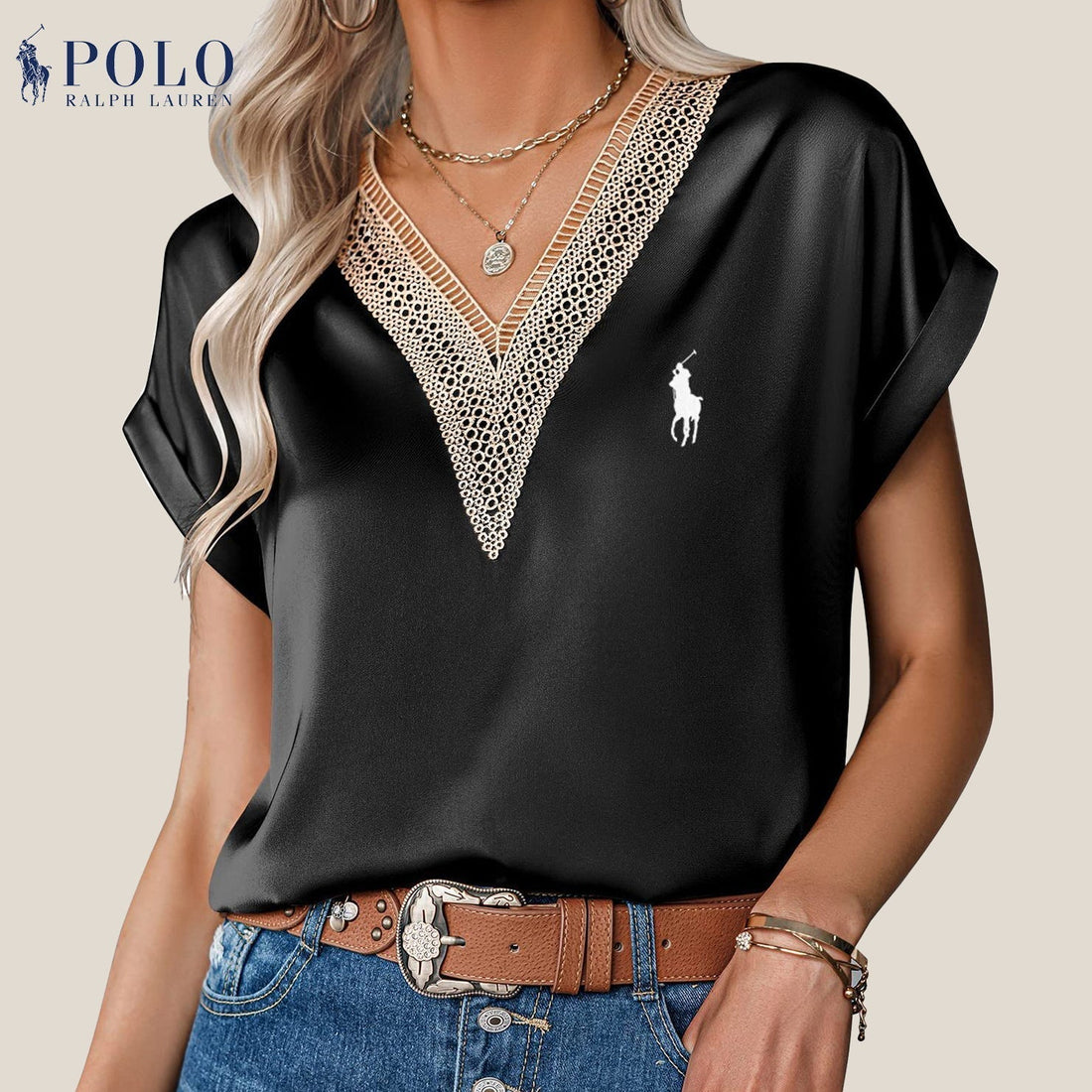 Blouse en satin avec dentelle et décolleté en V de Ralph Lauren - Formavella