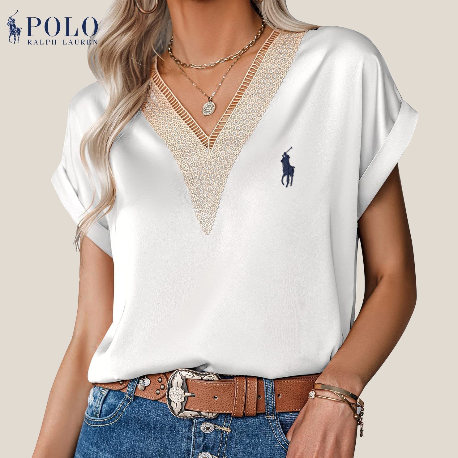 Blouse en satin avec dentelle et décolleté en V de Ralph Lauren - Formavella