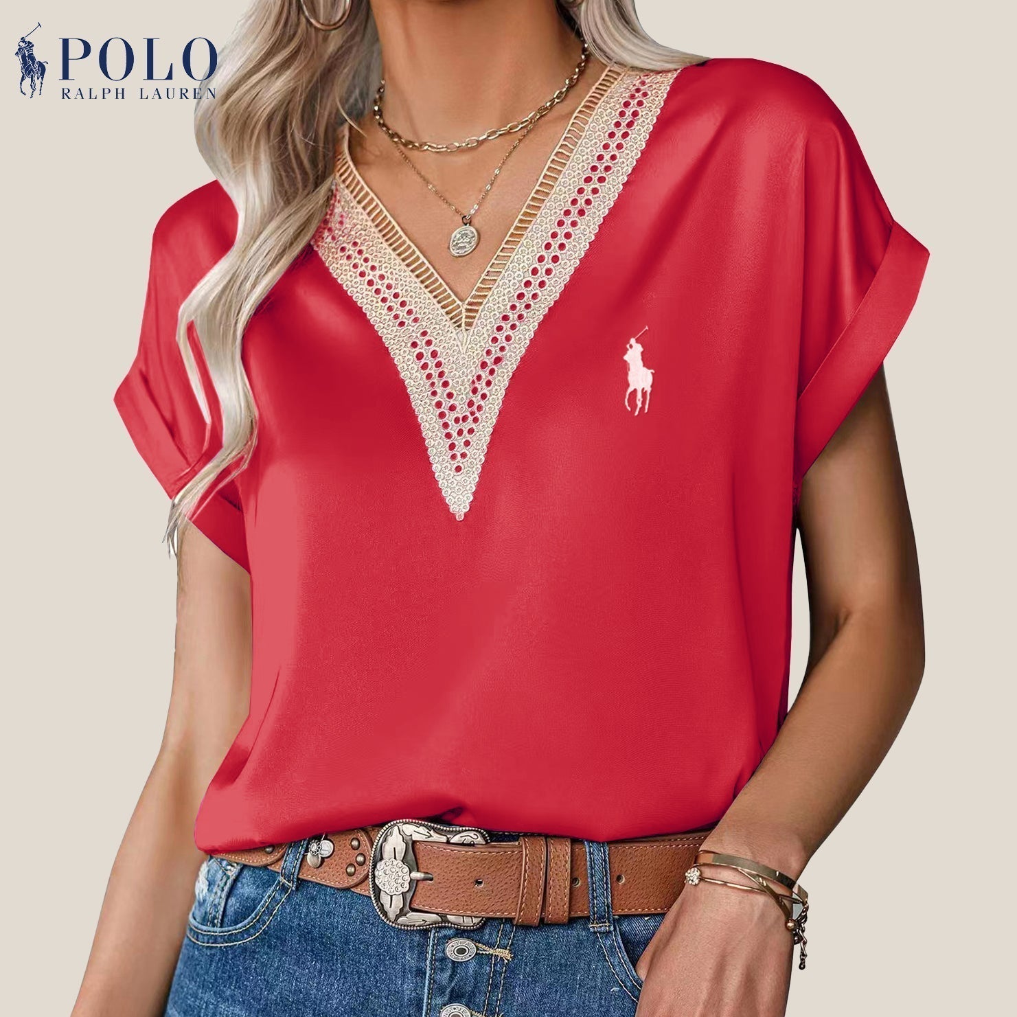 Blouse en satin avec dentelle et décolleté en V de Ralph Lauren - Formavella