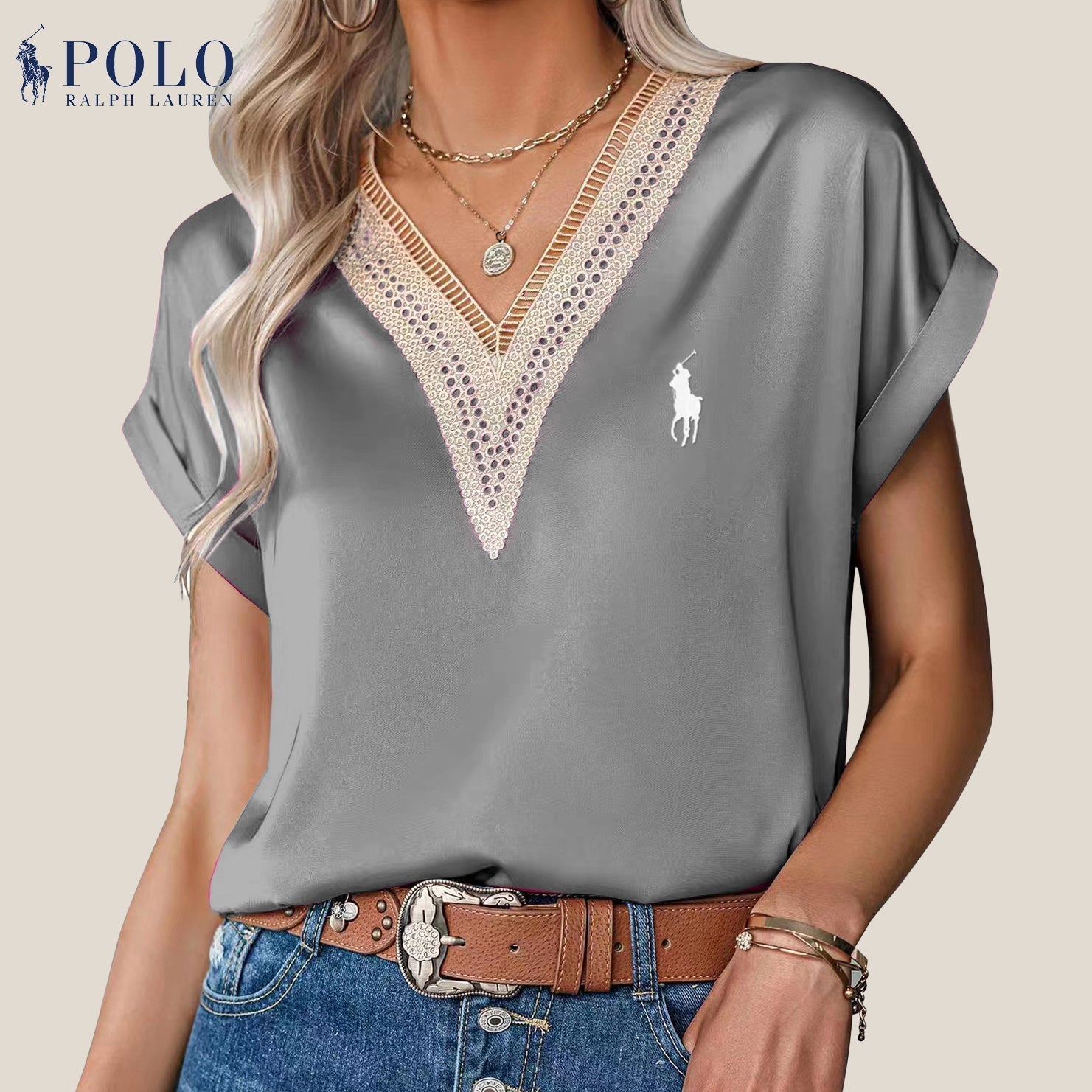 Blouse en satin avec dentelle et décolleté en V de Ralph Lauren - Formavella